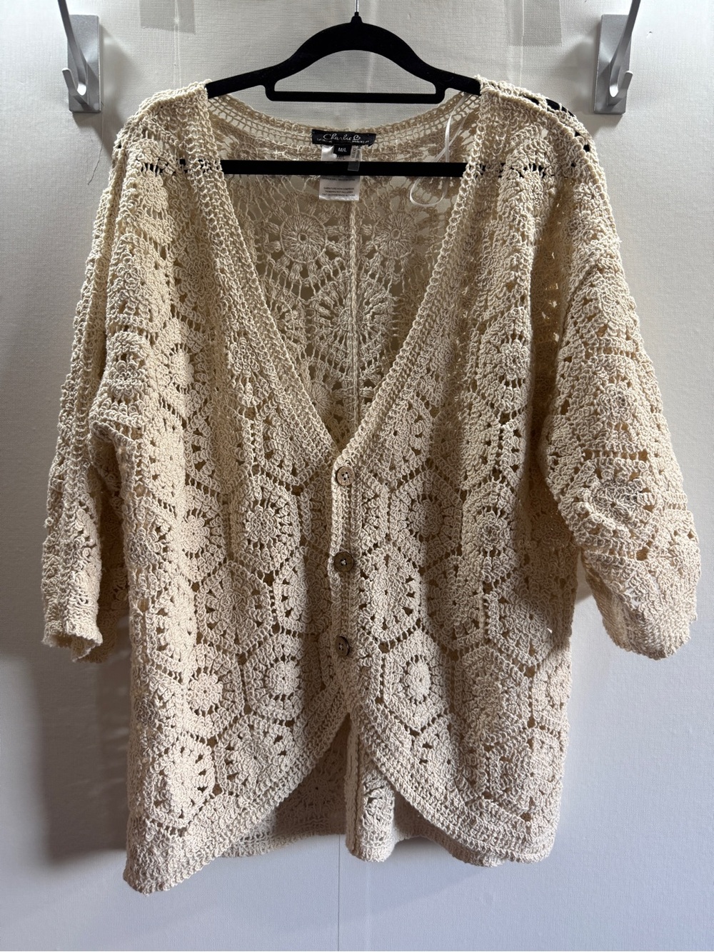 Charlie B Cream Crochet Cardigan M/L Cotton Boho Open Knit Button Front